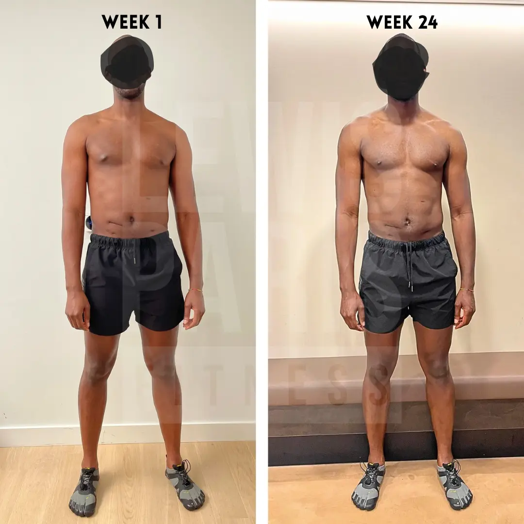 Man's front view before and after: week 1 to week 24 with Lewis Paris Fitness