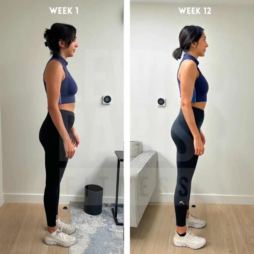 Woman's side-profile before and after: week 1 to week 12 with Lewis Paris Fitness