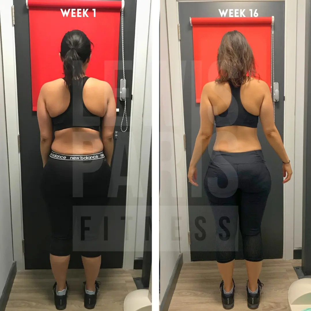Woman's back view before and after: week 1 to week 16 with Lewis Paris Fitness