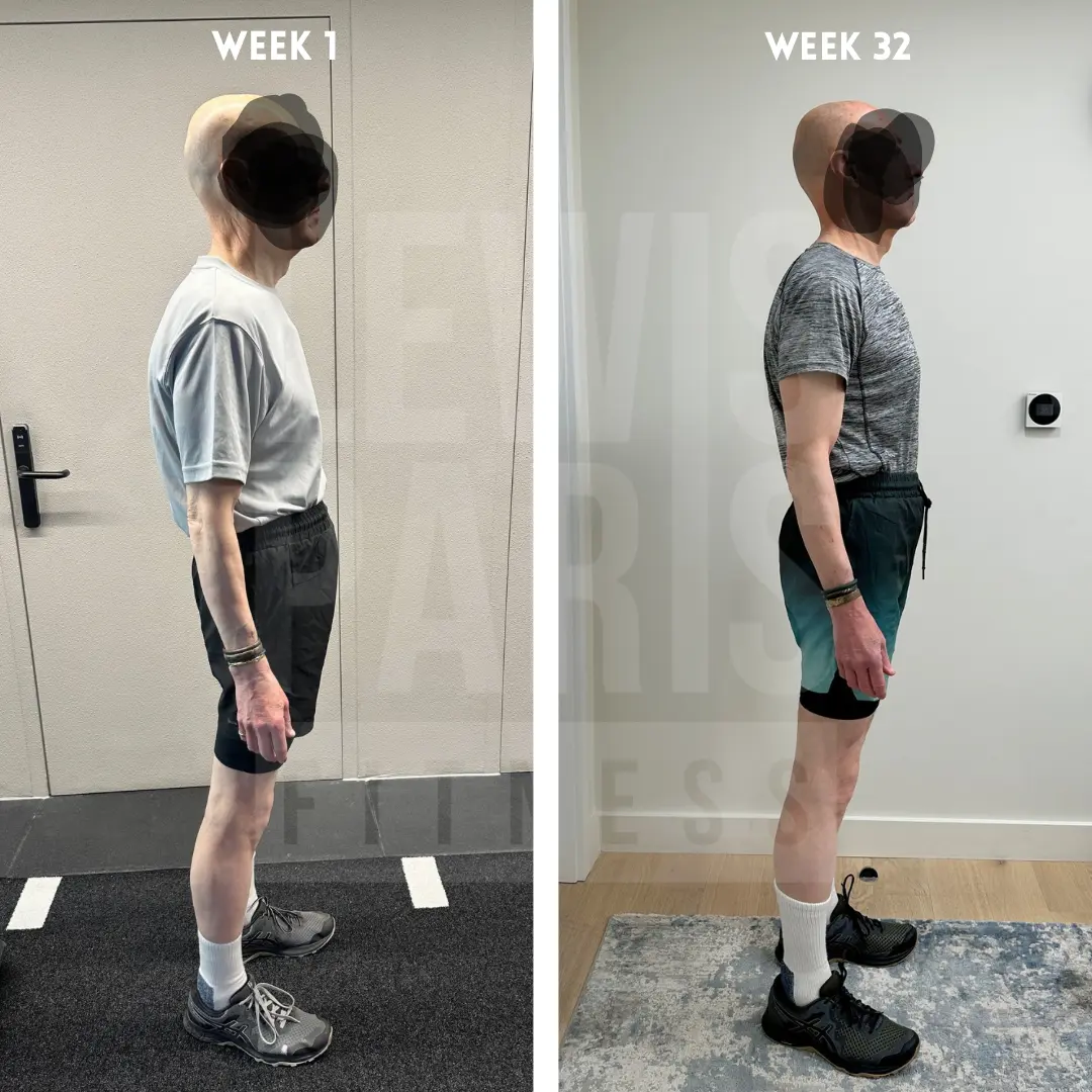 Man's side-profile before and after: week 1 to week 32 with Lewis Paris Fitness